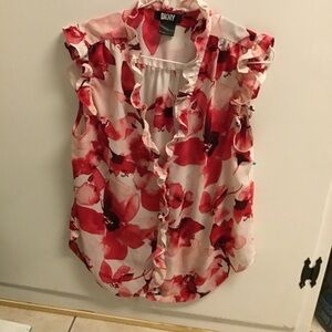 DKNY White Sleeveless Blouse with Red Floral Print and Ruffle Trim